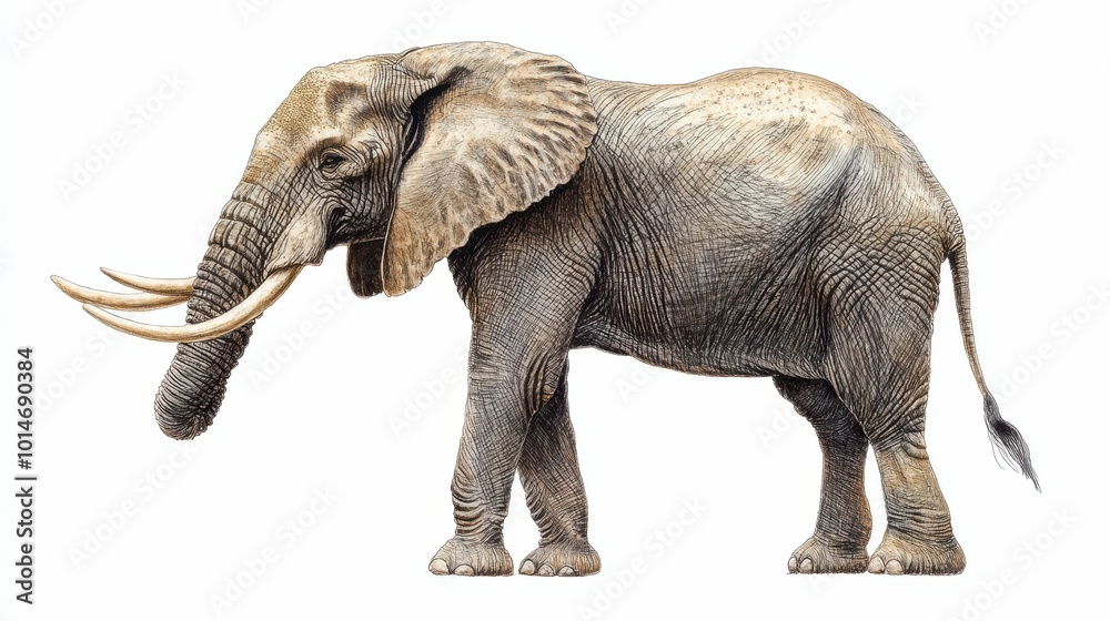 Fototapeta premium Majestic Elephant Portrait in Detailed Strokes on White Background