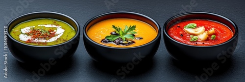 Trio of Colorful Soup Bowls with Assorted Toppings