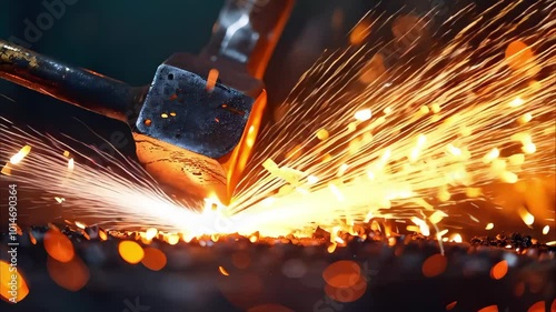A hammer striking metal, creating sparks and molten metal, showcasing a blacksmithing or metalworking process.