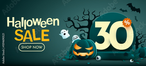 30 percents off. Halloween sale banner template. Podium and numbers with amount of discount. Special October offer.