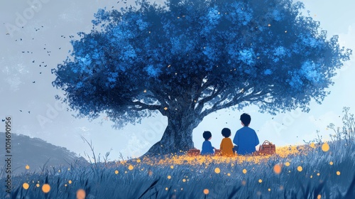 A Sami family enjoying a picnic under a blue-colored tree, the peaceful background providing a serene, heartwarming setting for the cute illustrations