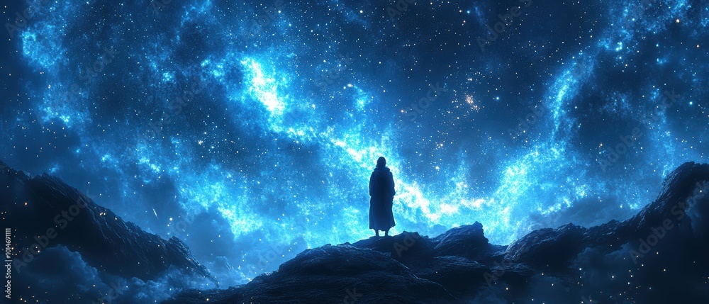 A lone Sami figure gazing up at a starry, blue-hued night sky, the dreamlike background complementing the character's contemplative expression