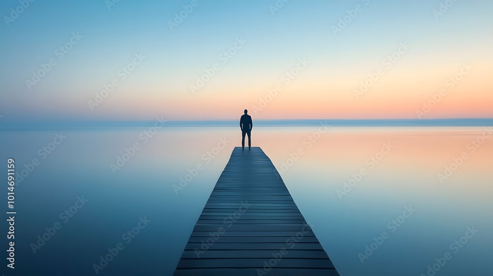 Obraz premium A man stands at the end of an endless pier above calm waters, gazing at the horizon where day meets night