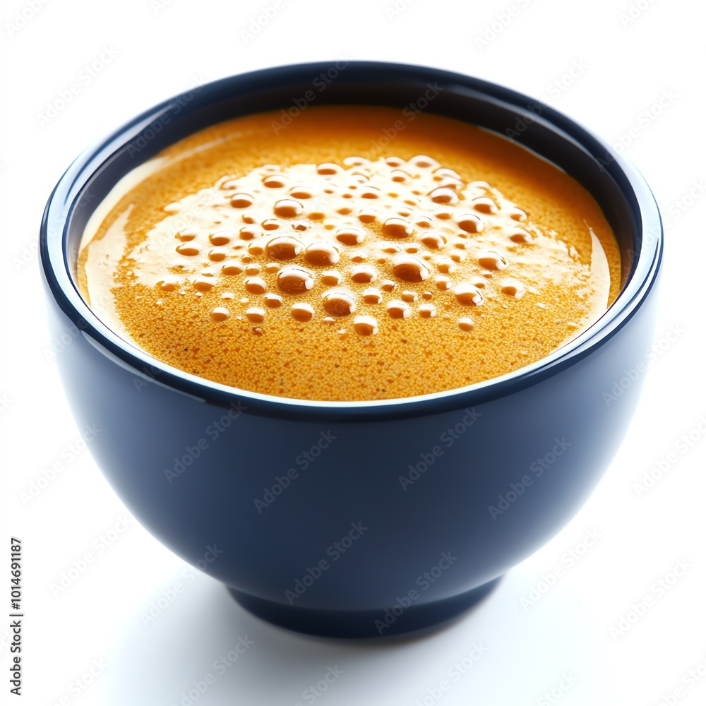 Delicious bowl of creamy orange soup with bubbles isolated on white background.