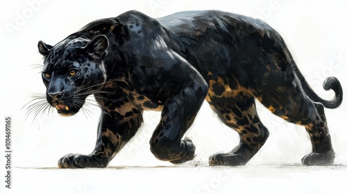 A fierce and elegant panther prowling, painted with bold contrasts against a stark white background