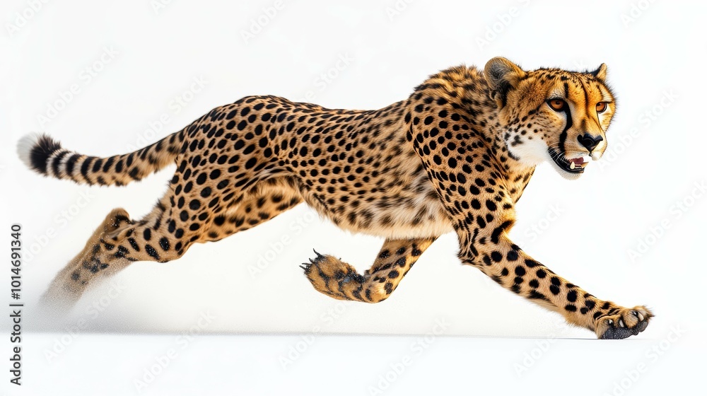 A dynamic cheetah sprinting, portrayed with fluid motion and energy against a crisp white background A dynamic cheetah sprinting, portrayed with fluid motion and energy against a crisp white background