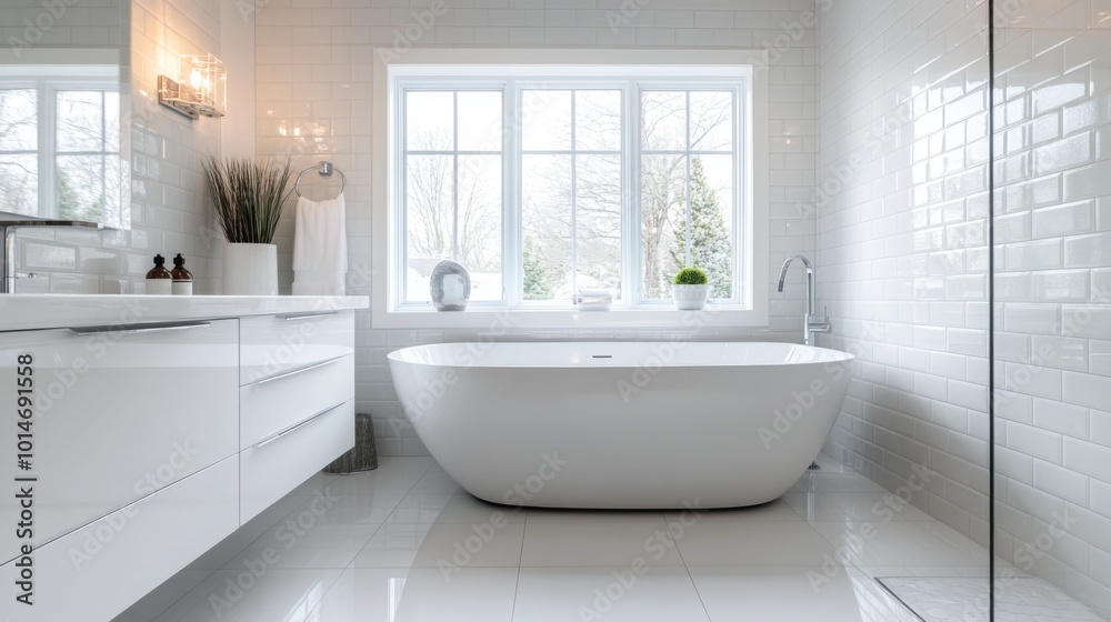 A spacious bathroom showcases a sleek freestanding tub surrounded by contemporary fixtures. Natural light floods the room through a large window, highlighting the minimalist decor and clean lines. A spacious bathroom showcases a sleek freestanding tub surrounded by contemporary fixtures. Natural light floods the room through a large window, highlighting the minimalist decor and clean lines.