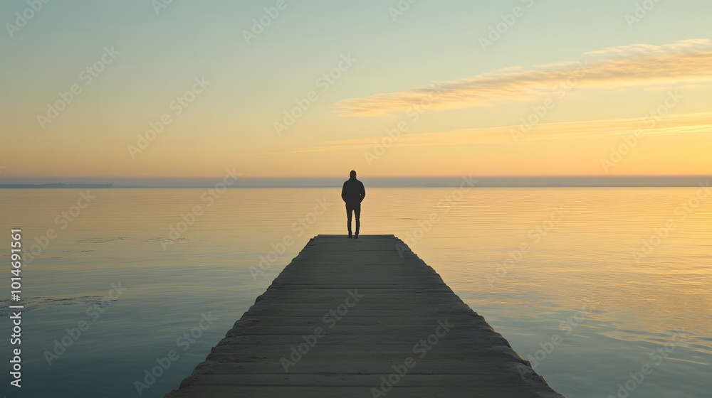 A man stands at the end of an endless pier above calm waters, gazing at the horizon where day meets night A man stands at the end of an endless pier above calm waters, gazing at the horizon where day meets night