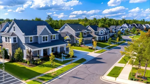 A suburban neighborhood with well-developed houses, green lawns, streets, and a bright blue sky with clouds. photo