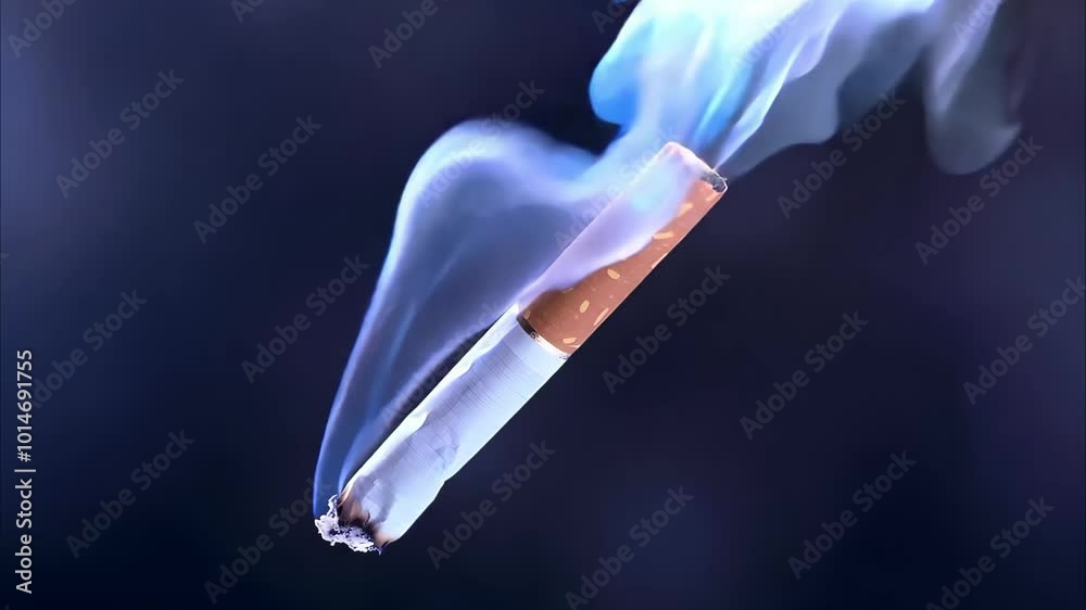 A close-up of a burning cigarette with smoke rising against a dark background. A close-up of a burning cigarette with smoke rising against a dark background.