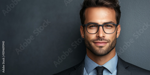 Confident Young Businessman in Glasses Posing Against a Dark Background