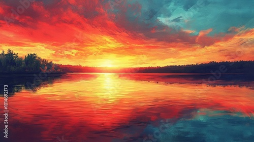 A vibrant sunset paints the sky and water with colorful reflections over a serene lake landscape