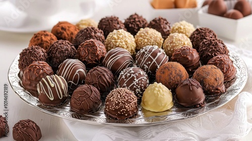 Assorted chocolate truffles beautifully arranged on a platter. Sweets, confectionery and treats