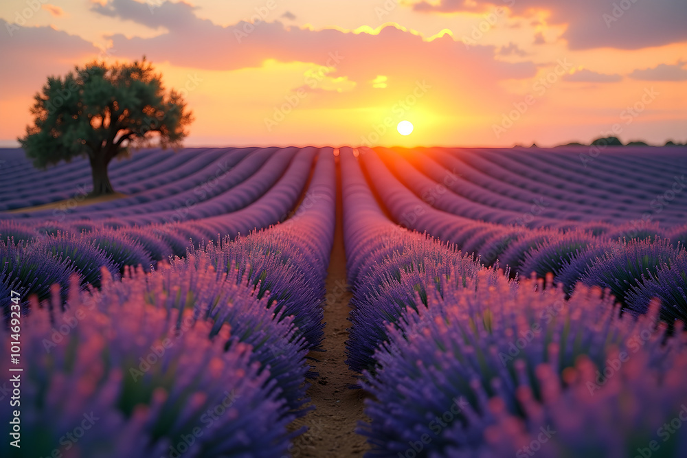 Serene lavender field stretching to the horizon at sunset. Serene lavender field stretching to the horizon at sunset.