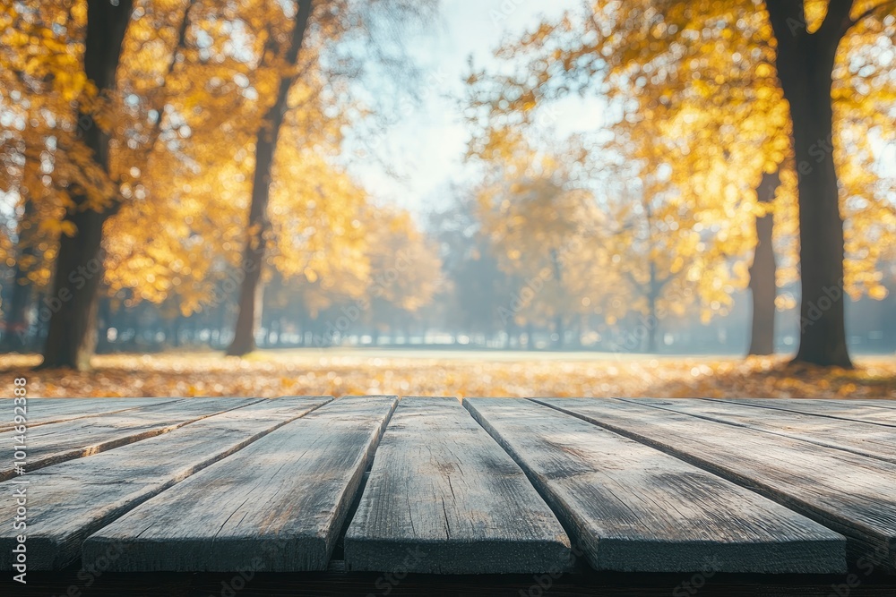 Wooden Table with Autumn Background - generative ai Wooden Table with Autumn Background - generative ai