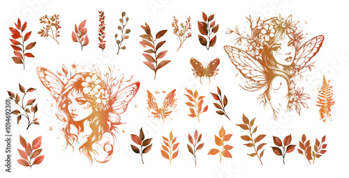 Magical Fairies - Silhouettes of little fairy girls surrounded by plants illustrations. Various grasses and plants for magical fairy kingdoms. Fantasy characters for magical designs. 