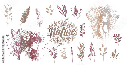 Detailed trendy design for natural products, wall art, social media, prints, invitations and branding design. Vector set of line drawings of decorated women's heads with flowers, plants and leaves. 