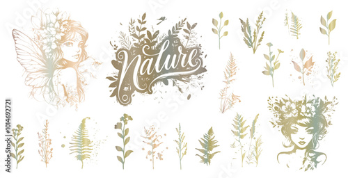 Detailed trendy design for natural products, wall art, social media, prints, invitations and branding design. Vector set of line drawings of decorated women's heads with flowers, plants and leaves. 