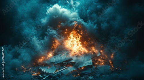 A smoldering pile of documents and paper, with flickering flames and thick smoke