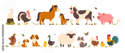 Farm animals. Cartoon domestic pets. Cute countryside livestock. Adorable cow, pig, horse, cat, chicken dog, sheep. Funny birds and animals vector set