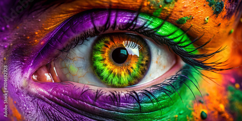Vibrant eye with colorful makeup featuring orange, green, and purple hues, showcasing artistic expression and intensity. intricate details highlight beauty of creativity