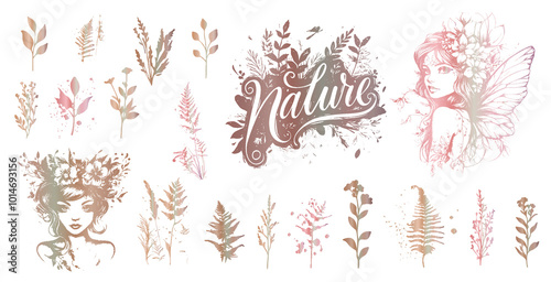 Detailed trendy design for natural products, wall art, social media, prints, invitations and branding design. Vector set of line drawings of decorated women's heads with flowers, plants and leaves. 