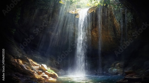 Underground waterfall cascading through a cave, with water slowly wearing away at the stone