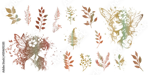Magical Fairies - Silhouettes of little fairy girls surrounded by plants illustrations. Various grasses and plants for magical fairy kingdoms. Fantasy characters for magical designs. 