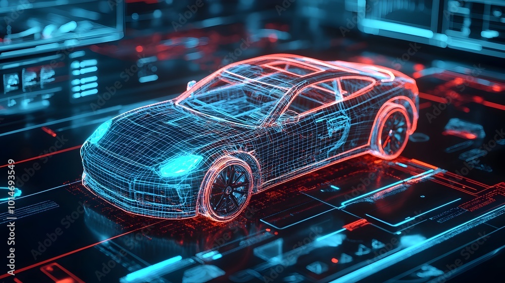 Futuristic digital twin of a vehicle displayed on a simulated dashboard interface with layered data and analytics visualizations  Concept of smart connected and intelligent automotive technology