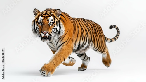 A fierce tiger stalking through a powerful, dynamic pose, on a stark white background