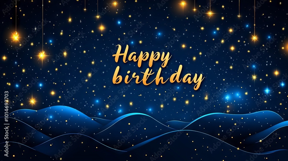 Greeting card, happy birthday banner in blue, text written in gold letters. Greeting card, happy birthday banner in blue, text written in gold letters.