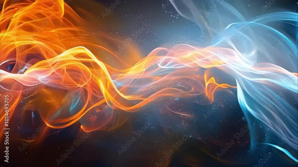 A colorful abstract swirl of fluid shapes in orange, blue, and white against a dark starry background. A colorful abstract swirl of fluid shapes in orange, blue, and white against a dark starry background.