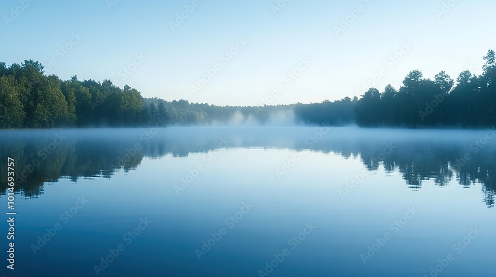 Fototapeta premium Calm morning at a serene lake surrounded by misty mountains and tall reeds in early dawn light