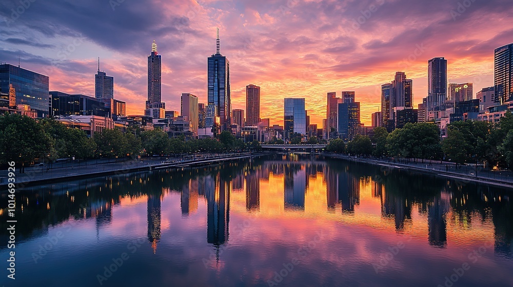 Sunset over the Yarra River showcasing Melbourne's skyline and vibrant reflections Sunset over the Yarra River showcasing Melbourne's skyline and vibrant reflections