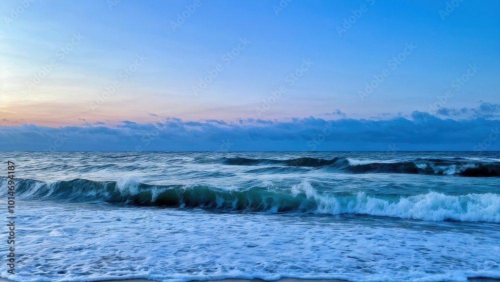 A serene ocean scene at dusk with gentle waves and a colorful sky. A serene ocean scene at dusk with gentle waves and a colorful sky.