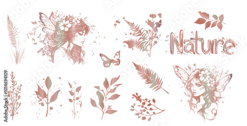 Magical Fairies - Silhouettes of little fairy girls surrounded by plants illustrations. Various grasses and plants for magical fairy kingdoms. Fantasy characters for magical designs. 