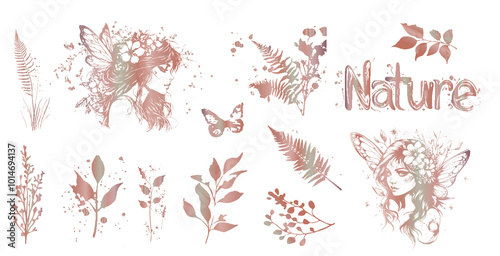 Magical Fairies - Silhouettes of little fairy girls surrounded by plants illustrations. Various grasses and plants for magical fairy kingdoms. Fantasy characters for magical designs. 