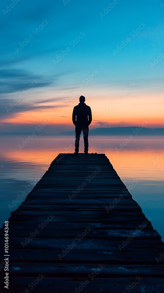 A man stands at the end of an endless pier above calm waters, gazing at the horizon where day meets night A man stands at the end of an endless pier above calm waters, gazing at the horizon where day meets night