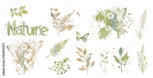 Magical Fairies - Silhouettes of little fairy girls surrounded by plants illustrations. Various grasses and plants for magical fairy kingdoms. Fantasy characters for magical designs. 