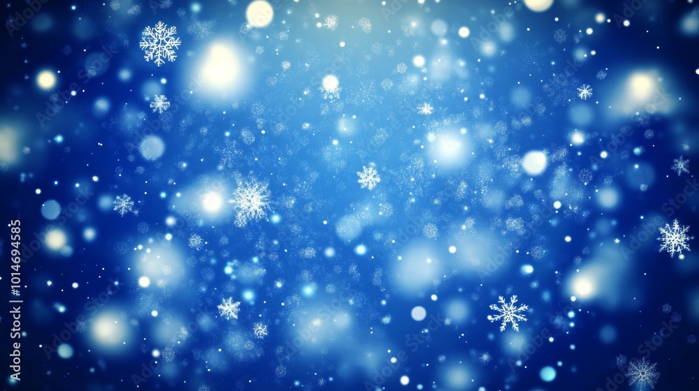 Vector illustration of an abstract snow background showcasing a winter night design in blue and white, featuring numerous snowflakes, stars, and blurred circles for a magical atmosphere