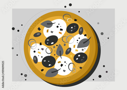 Pizza vectpr illustration, food artwork. Fresh pizza with mozarella and meat, pepperoni, restaurant, black and white illustration