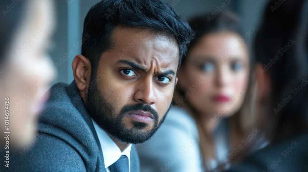 Diverse corporate team experiencing microaggressions, including Indian and Sub-Saharan African professionals, in a tense office meeting Diverse corporate team experiencing microaggressions, including Indian and Sub-Saharan African professionals, in a tense office meeting