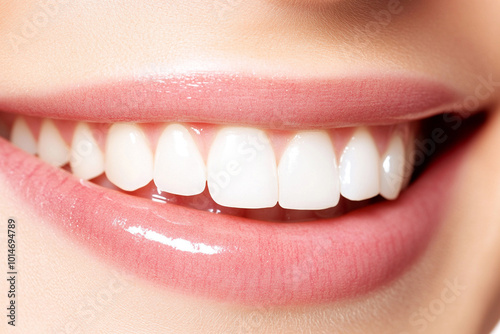 Close-up of a beautiful smile showcasing healthy white teeth and soft lips, ideal for dental and beauty themes. photo