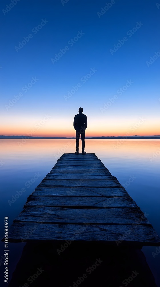 A man stands at the end of an endless pier above calm waters, gazing at the horizon where day meets night A man stands at the end of an endless pier above calm waters, gazing at the horizon where day meets night