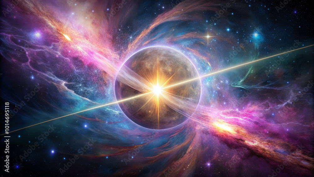 Obraz premium stunning cosmic scene featuring vibrant nebula with swirling colors of pink, blue, and purple, illuminated by bright star at its center, evoking sense of wonder and exploration