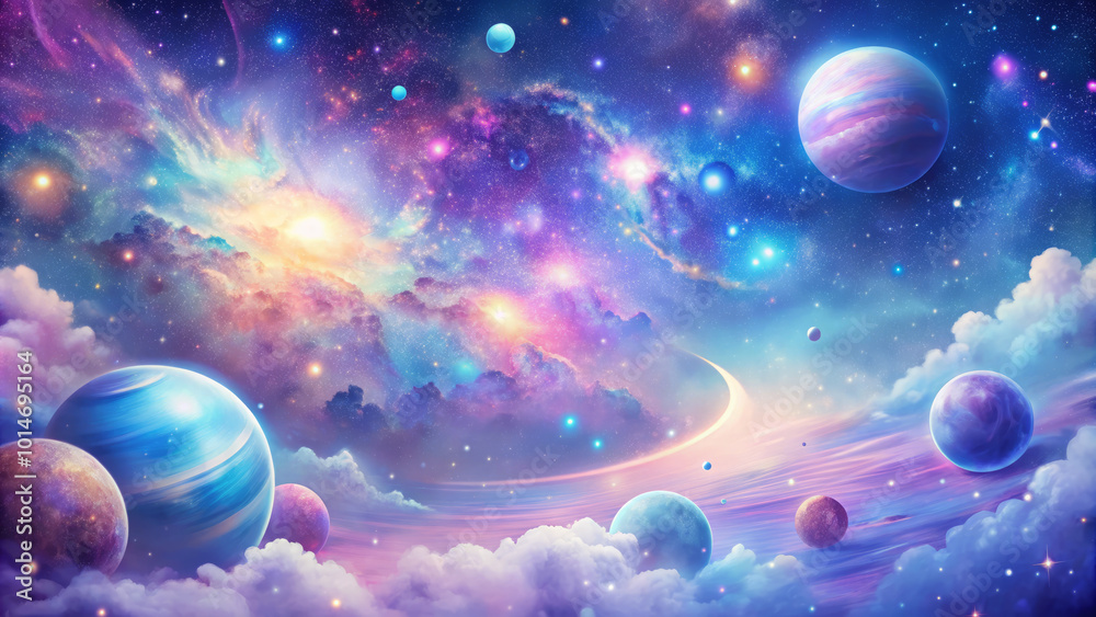 vibrant cosmic scene featuring colorful planets and swirling galaxies, evoking sense of wonder and exploration in vast universe