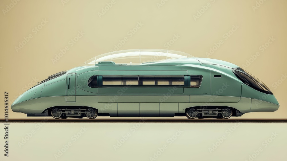 Chunky oversized toy rendition of a high-speed luxury passenger train set against a muted, neutral-colored backdrop Chunky oversized toy rendition of a high-speed luxury passenger train set against a muted, neutral-colored backdrop