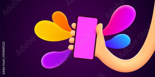 Holding phone in two hands. Phone mockup. Color explosion. Touching screen with finger.