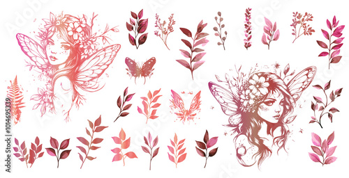 Magical Fairies - Silhouettes of little fairy girls surrounded by plants illustrations. Various grasses and plants for magical fairy kingdoms. Fantasy characters for magical designs. 