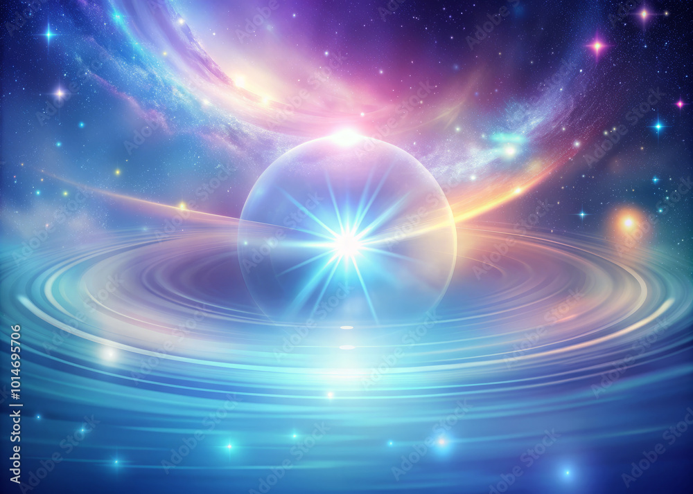 Obraz premium serene cosmic scene featuring luminous orb at center, surrounded by swirling pastel colors and sparkling stars, evoking sense of wonder and tranquility